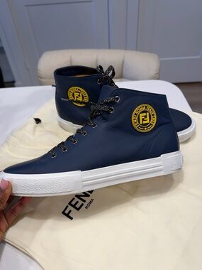 Fendi Navy High-Top Sneakers with Yellow Logo Patch ( authentic) size 11 (41-42)